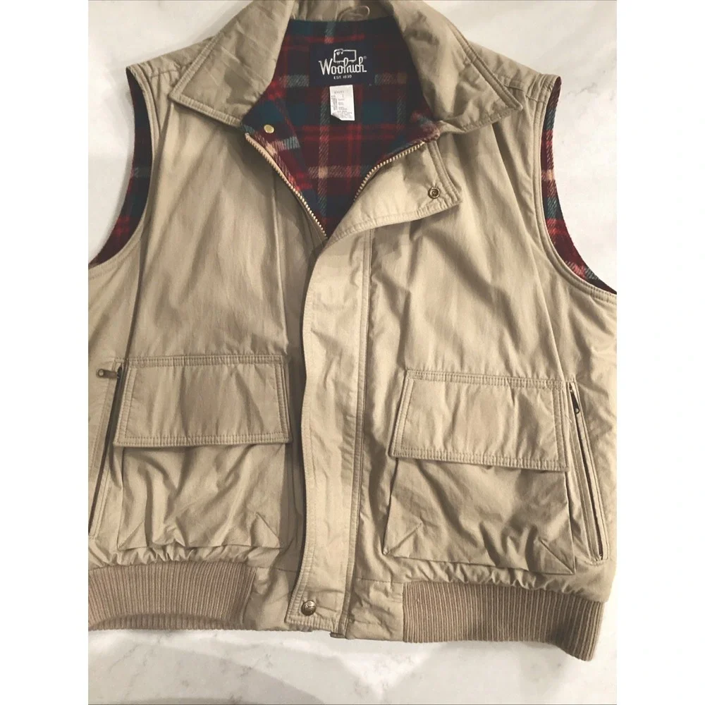 Woolrich Wool Blanket Lined Canvas Hunting Vest Plaid/Tan Men's Large Vintage